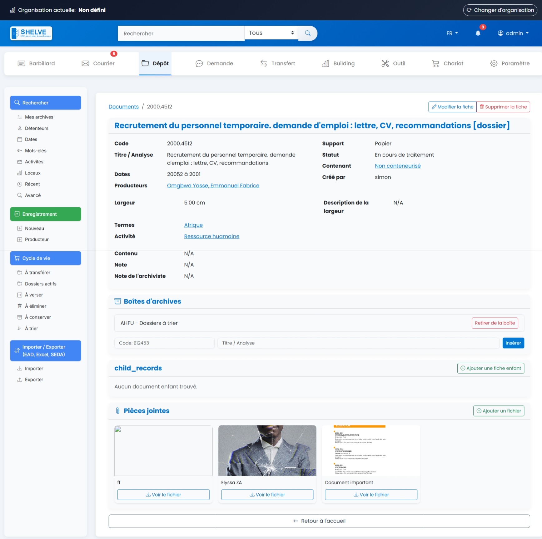 Module de gestion des archives ARCHIF - Interface principale pour le classement et l'organisation des documents numériques